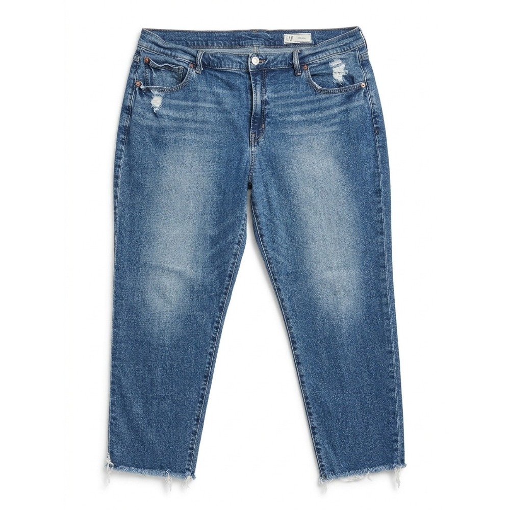 Gap Girlfriend Mid Rise Jeans Blue Distressed Raw Hem Size 18R 34 Regular